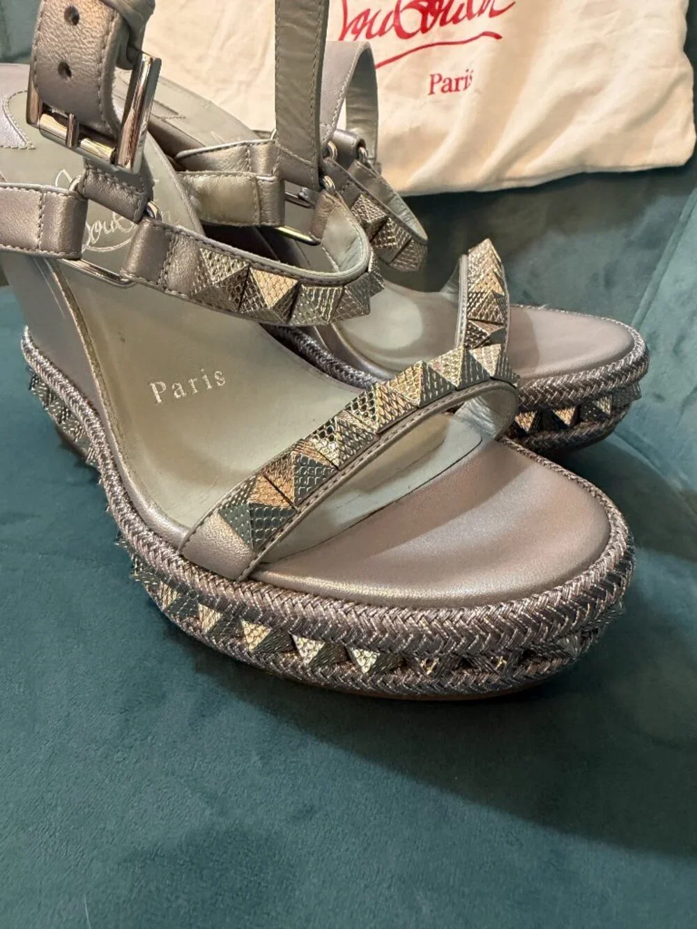 Christian Louboutin Silver Studded Espadrille Wedge Sandals Sz 35